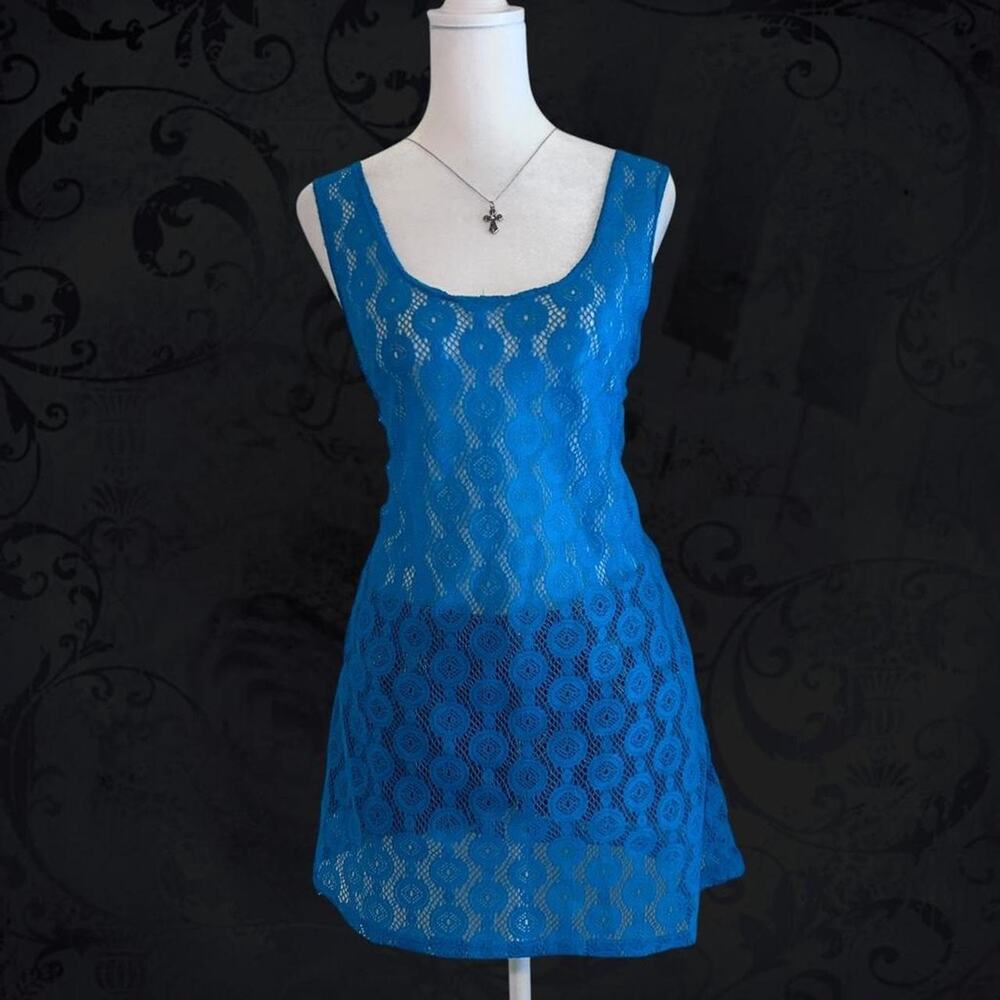 vivid muted blue open lace crochet like sleeveless boho fairy whimsical tank top